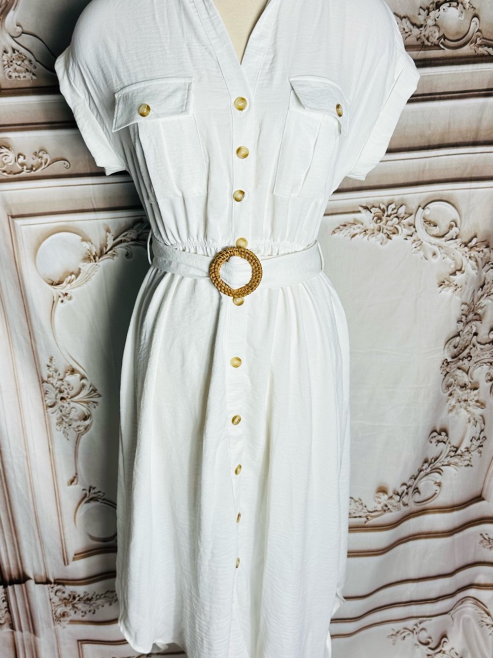 Blu Pepper White Button-Front Maxi Shirt Dress with Woven Belt - Picture 3 of 11
